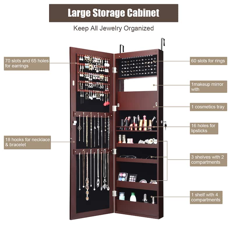 Lockable Jewelry Armoire LED Jewelry Cabinet with Full Length Mirror