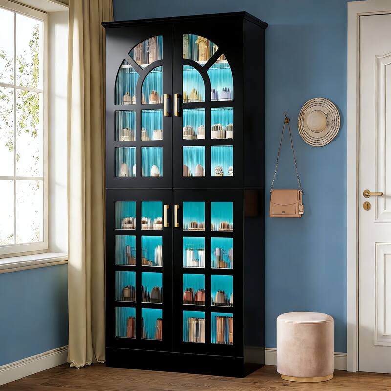 35 Pairs Tall Shoe Storage Cabinet with Doors, 8 Tiers Shoe Rack Organizer with LED Light and Adjustable Shelves for Entryway