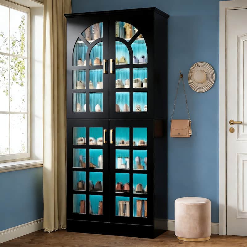 8-Tier Tall Shoe Storage Cabinet with Doors, Led Lights and Adjustable Shelves for Entryway, White