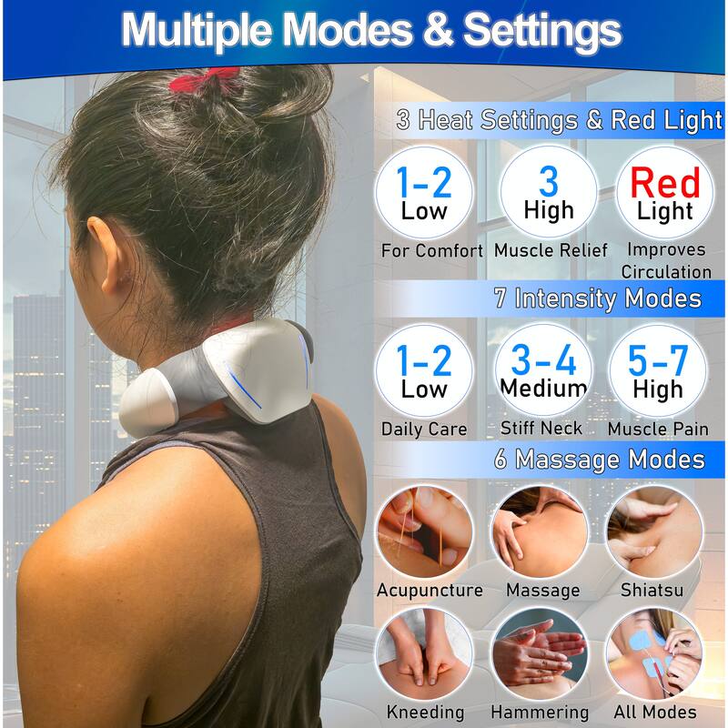 Electric Pulse Neck Massager with Heat, Red Light and Magnetic Field Therapy - 6 Modes Shiatsu to Kneading, 7 Intensities - N/A