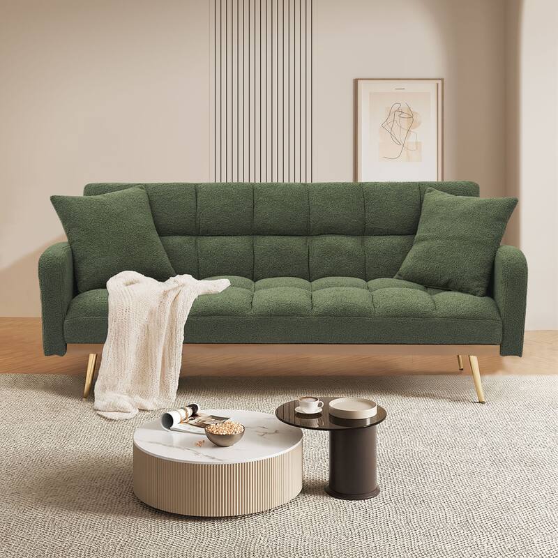 Classic Teddy Fabric Upholstered Convertible Futo Sofa Bed with 2 Throw Pillows - Green