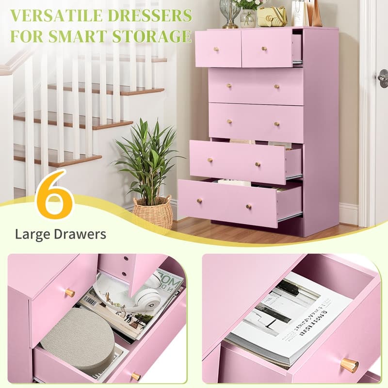 6-Drawer Large Dresser For Bedroom And Chest Of Drawers With Sturdy Construction Wood Storage Organizer For Closet