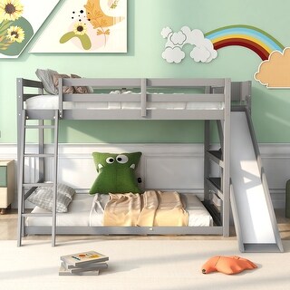 Grey Full Over Full Bunk Bed with Slide and Shelves, Safe and Space-Saving Design