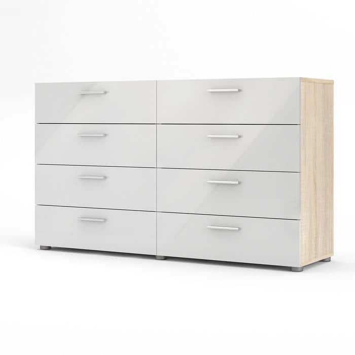 White Modern Bedroom 8-Drawer Double Dresser with Oak Finish Sides and Top