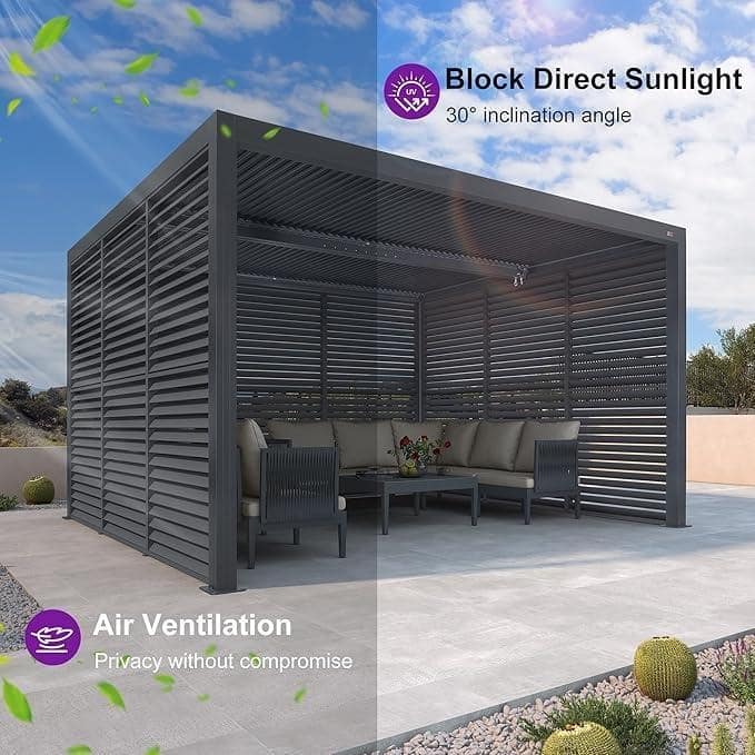 PURPLE LEAF Grey Louvered Pergola Accessories Roller Blinds, Strip Light and Shutter Wall(Pergola Not Included)