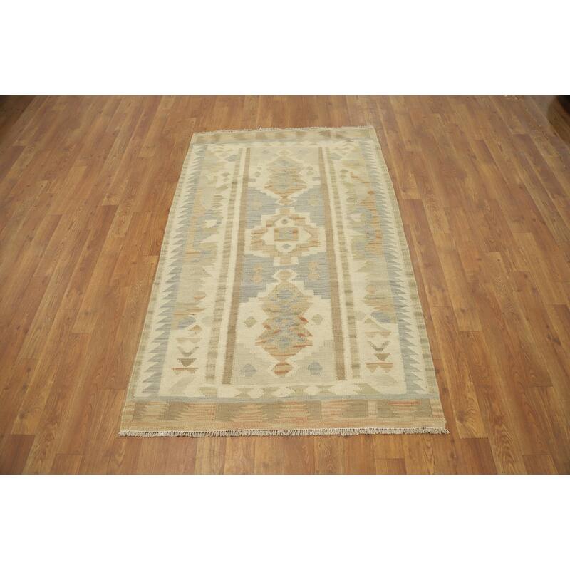 Hand Woven Oriental 100% Wool Carpet Southwestern Tribal Beige & Ivories Kilim Area Rug - 4' 11'' X 3' 2''