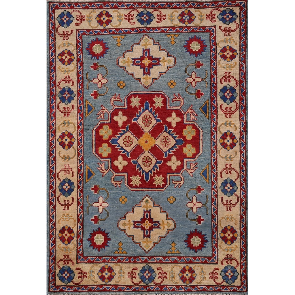 Light Blue Geometric Kazak Oriental Accent Rug Handmade Wool Carpet - 3'6" x 4'11"