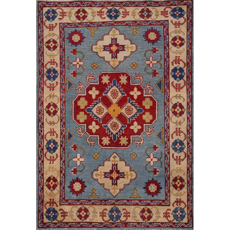 Light Blue Geometric Kazak Oriental Accent Rug Handmade Wool Carpet - 3'6" x 4'11"