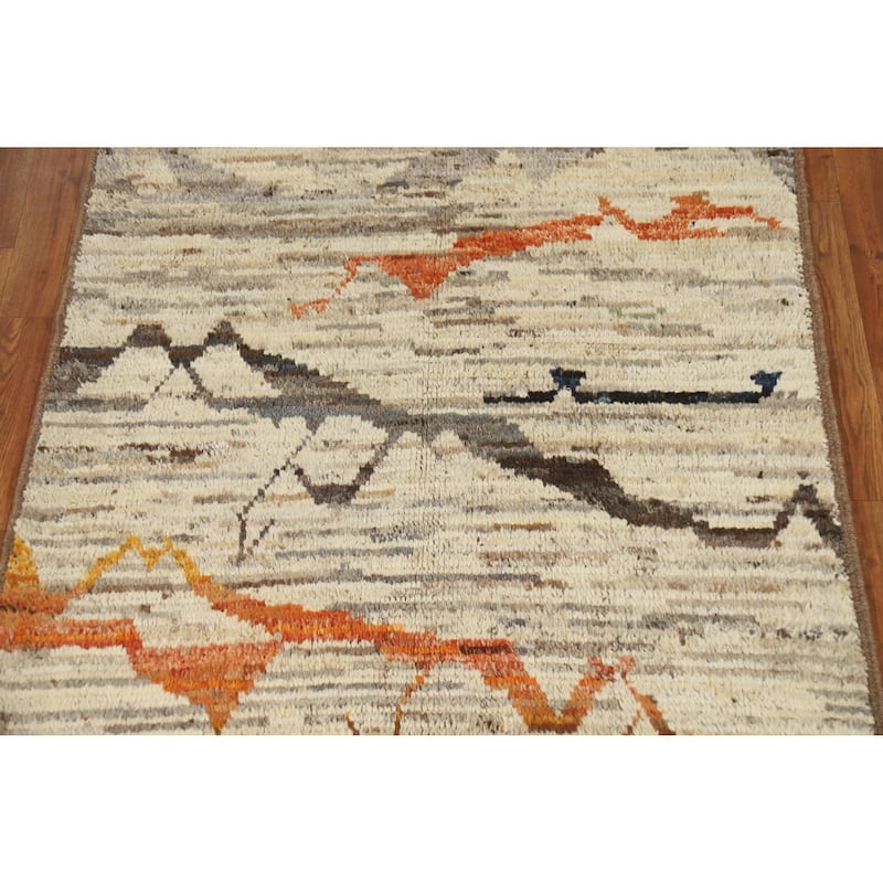 Moroccan Oriental Rug Handmade Beige Geometric Wool Carpet - 3'10" x 6'0"