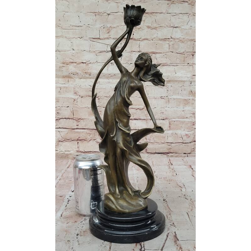 Art Nouveau Bronze Candle Holder Sculpture – Elegant Woman With Flowing Dress On Marble Base