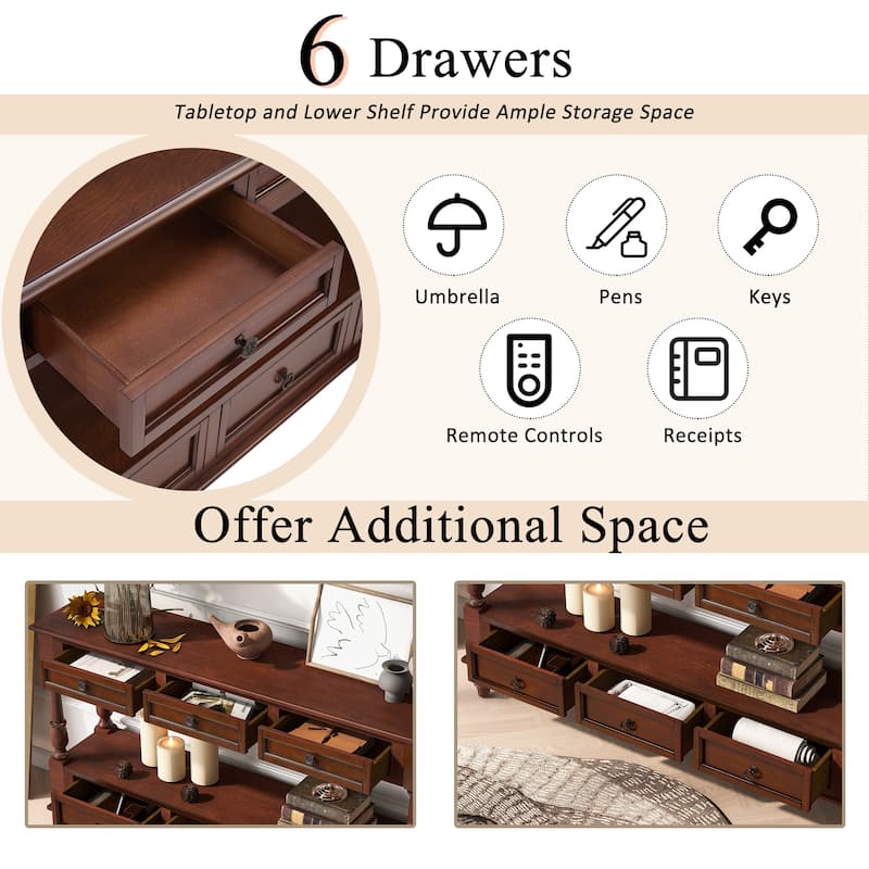 Solid Wood Console Table with 6 Drawers and Shelf, 54 Inch Vintage Entryway Sofa Table