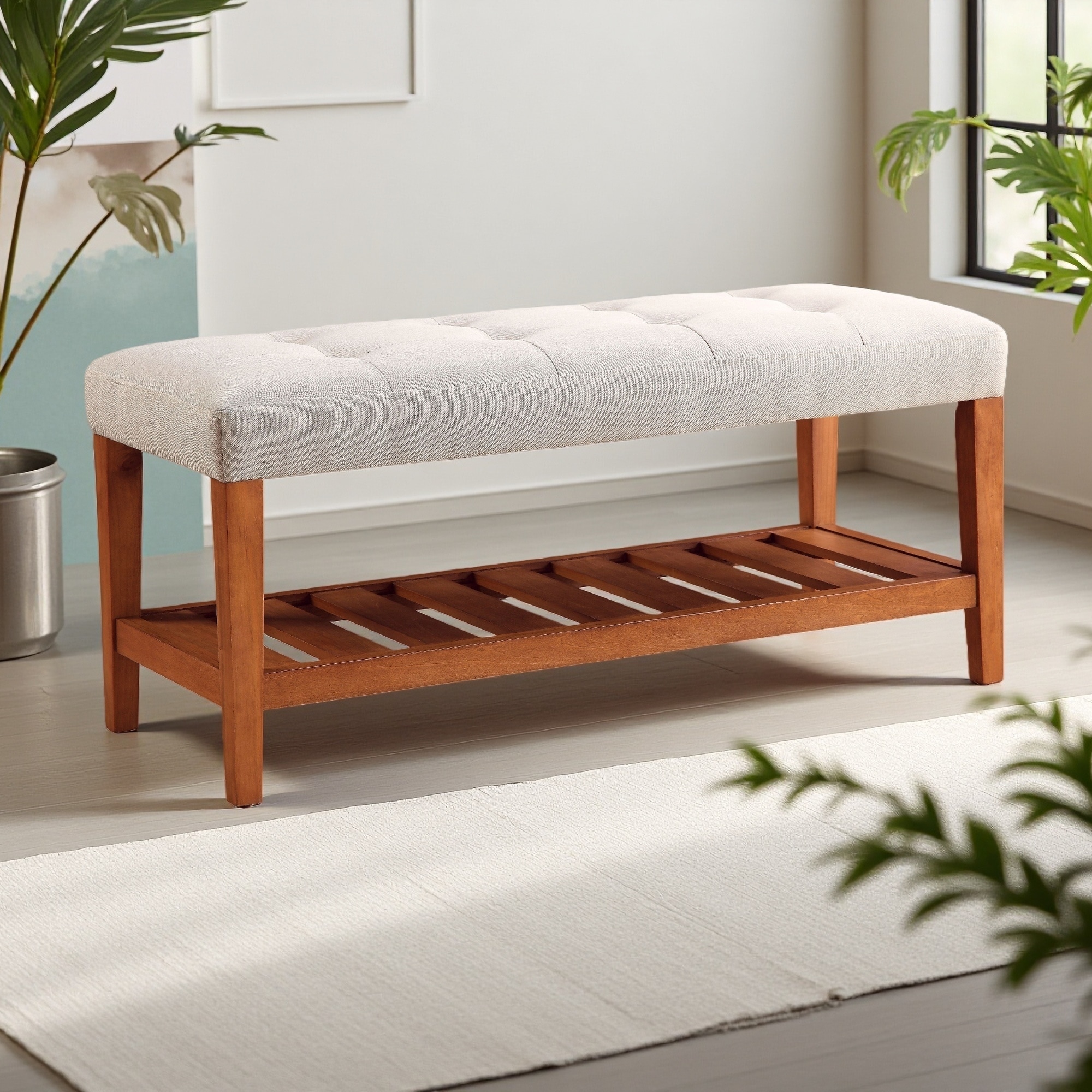 40"L Rectangular Lounge Bench with Tufted Polyester Upholstery, Open Shelf Storage, Minimalist Design