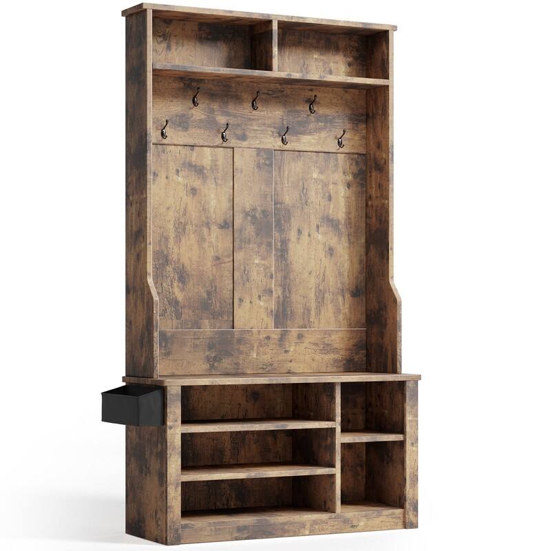 39.37'' W Hall Tree, 3 in 1 Entryway Bench with Coat Rack and Shoe Storage