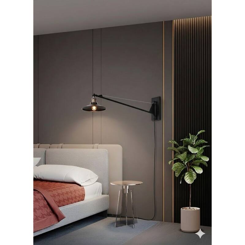 47" Black Metal Wall Sconce With Antique Brass Hardware