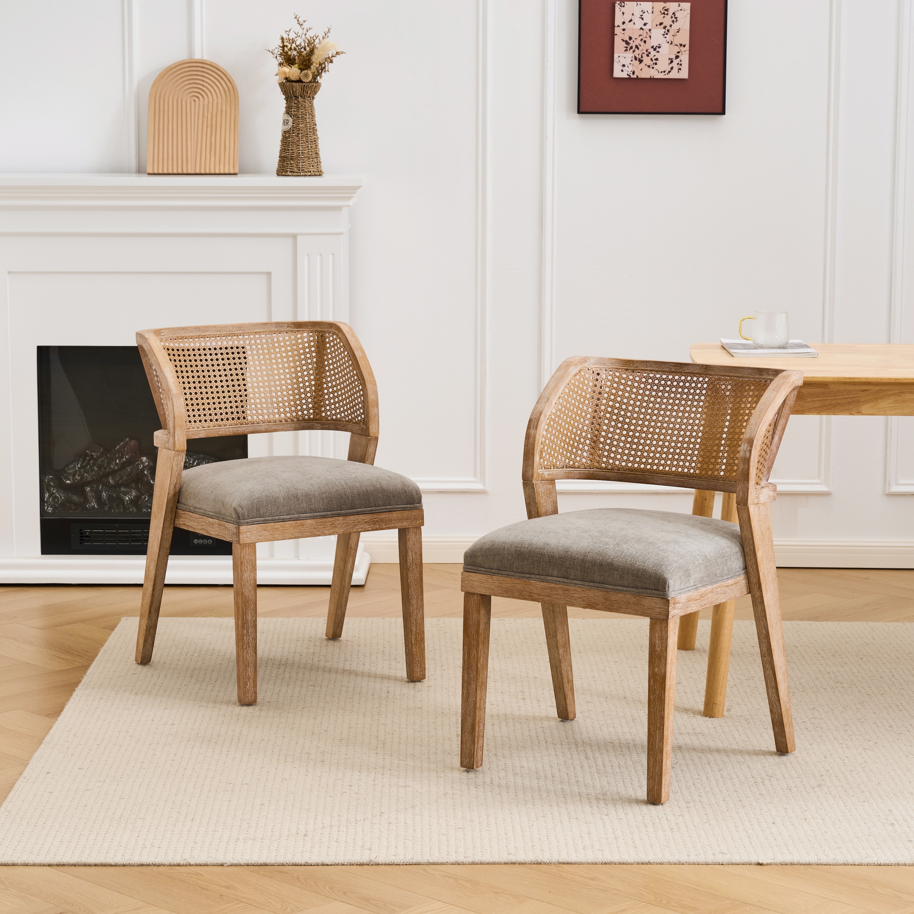 Christopher Knight Home - Vintage Upholstered Rattan Back Dining Chair Set with Curved Wood Frame & Cushioned Seat, Set of 2