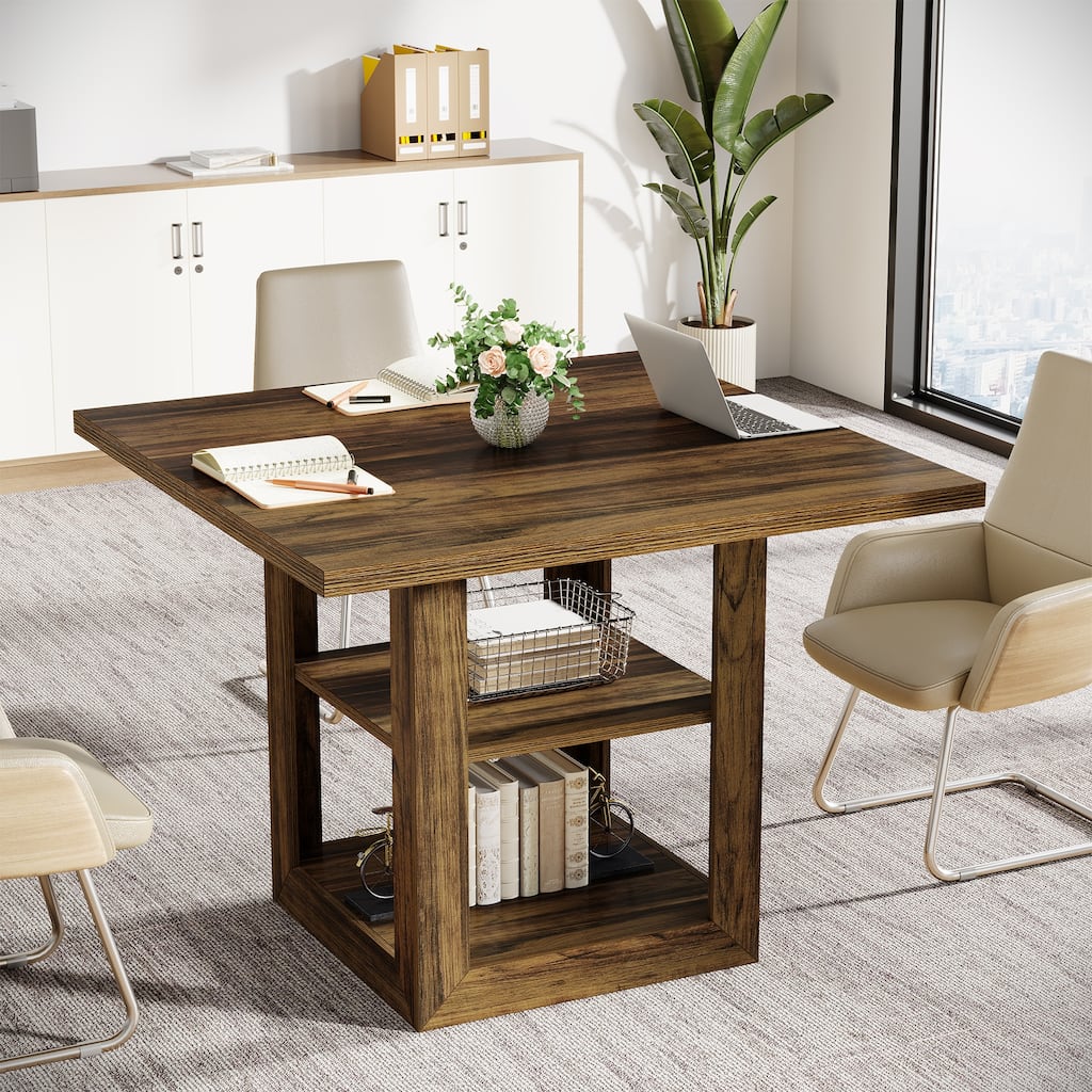 Square Conference Table with 2-tier Storage Shelf for Small Spaces