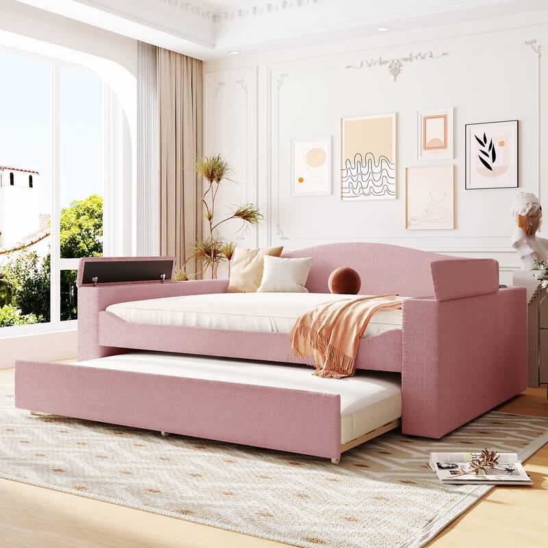 Upholstered Daybed with Storage Armrests, Trundle & Bluetooth - Pink - Full