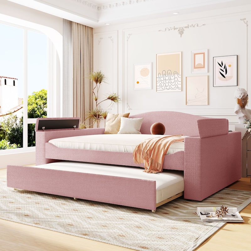 Upholstered Daybed with Storage Armrests, Trundle and Latest Integrated Bluetooth Audio System