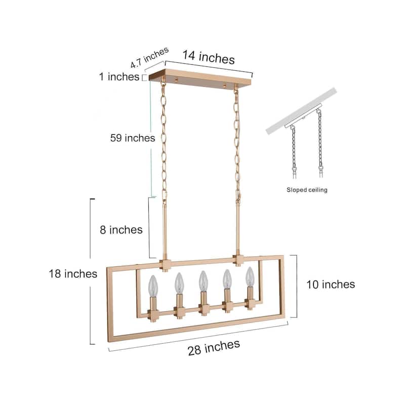 Mid-Century Modern Brass 5-light Linear Frame Candle Chandelier Kitchen Island Dining Room - matte rose gold - L28" x W5" x H78"