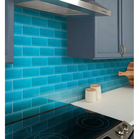 Apollo Tile 40 Pack 3-in x 6-in Cerulean Blue Rectangular Subway Matte Finished Glass Mosaic Wall Tile (5 sq ft/case)