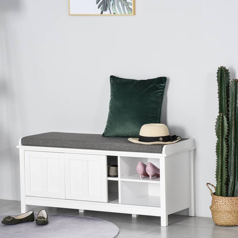 Featured Upholstered Seat, Entryway Shoe Bench with Adjustable Shelves, Storage Bench Ottoman Bench for Living Room
