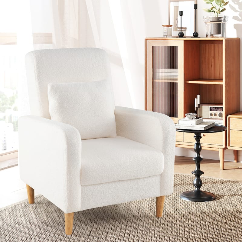 White Teddy Fleece Accent Chair with Lumbar Pillow and Wood Legs - 27.5" × 30" × 36.5"