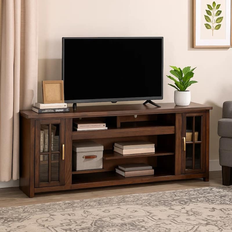 Leyla TV Stand Media Cabinet, 2 Glass Doors, Shelves, Brown Wood 76 Inch