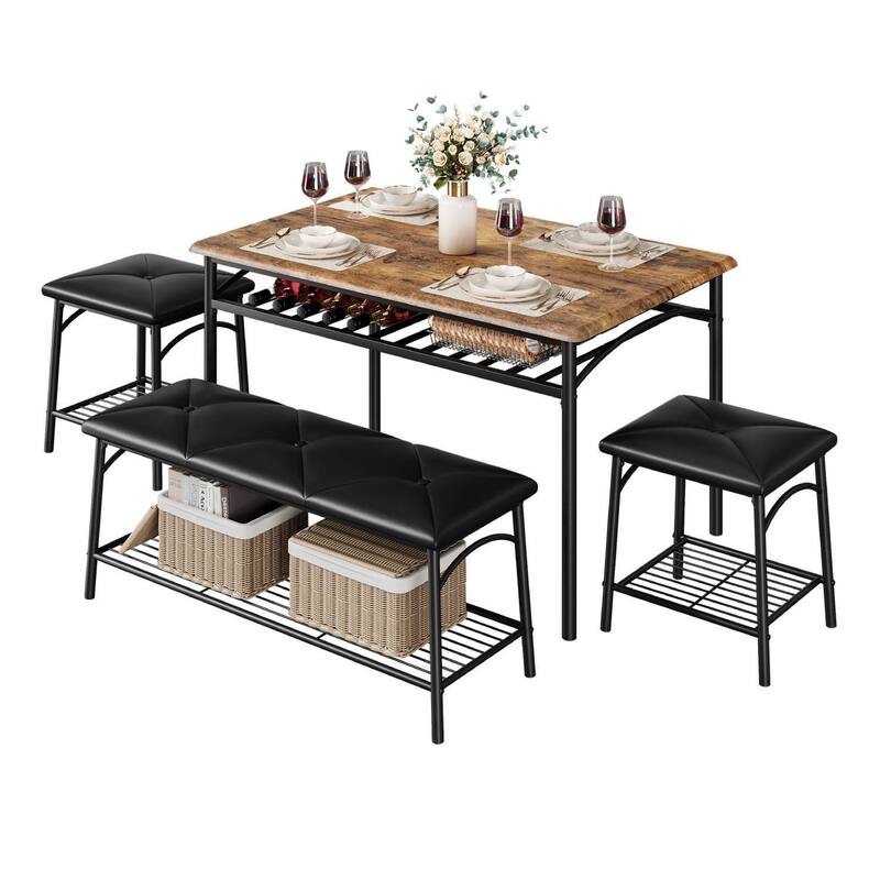 Dining Table Set with Upholstered Bench and Storage Shelves