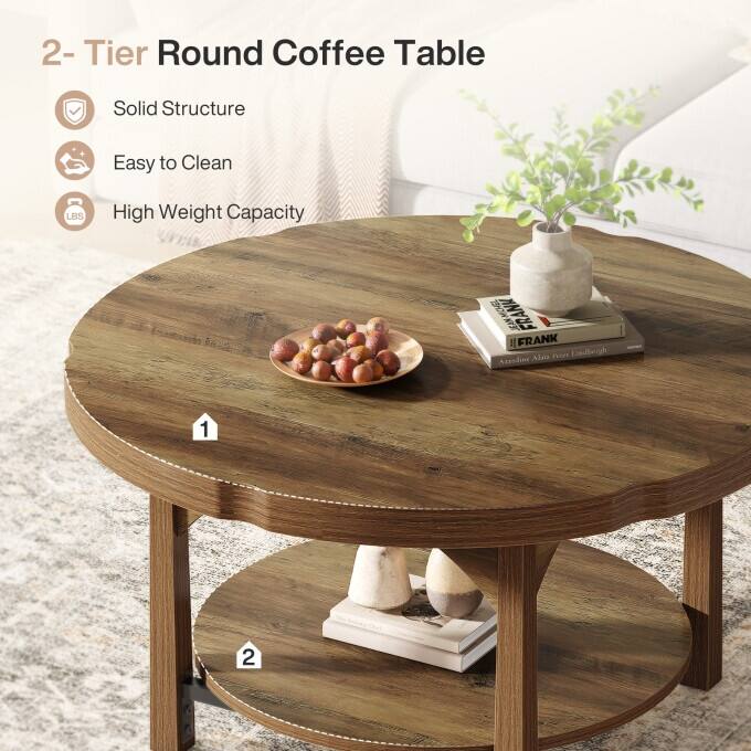 2 Tier Round Coffee Table, Wooden Living Room Center Table With Shelf