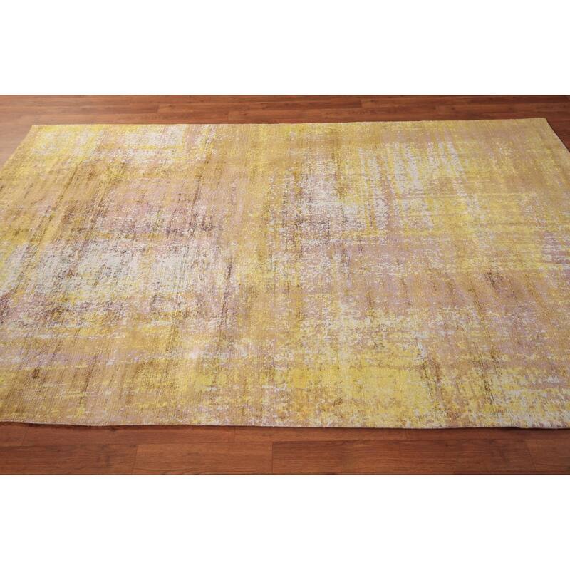 Contemporary Indian Area Rug Handmade Abstract Yellow Wool Carpet - 5'0" x 7'11"