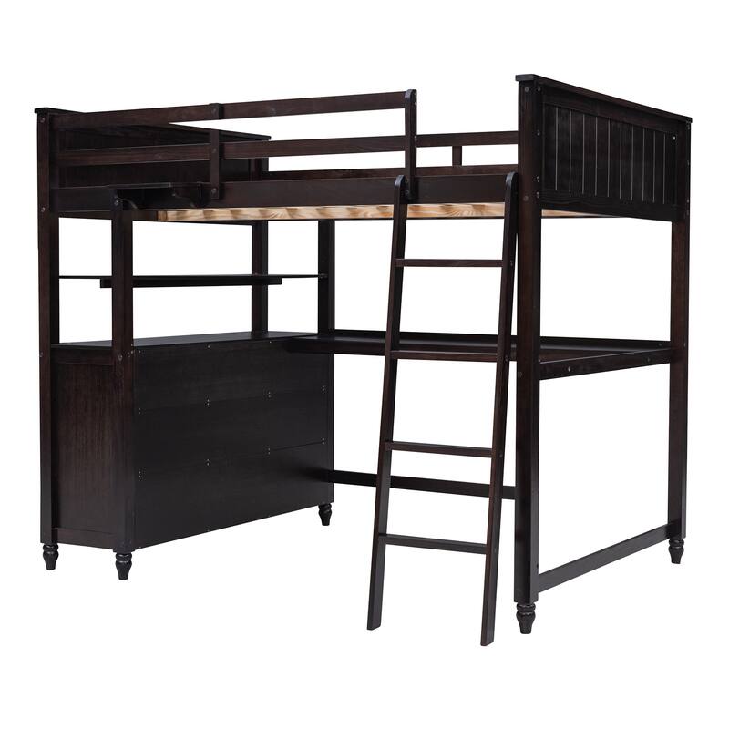Espresso Full Wooden Loft Bed with Drawers, Desk, Shelves, Guardrails, Reversible Ladder