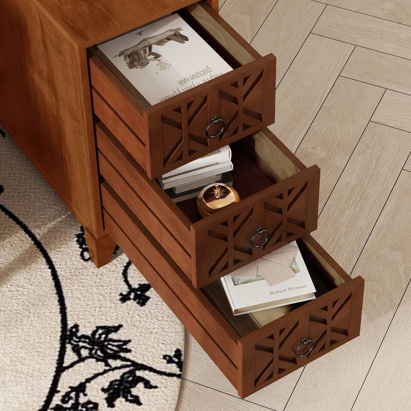 Tall Nightstand with Charging Station, Narrow Sofa Side Table with 3 Drawers & 2 Open Shelves, Solid Wood Entryway Accent Table