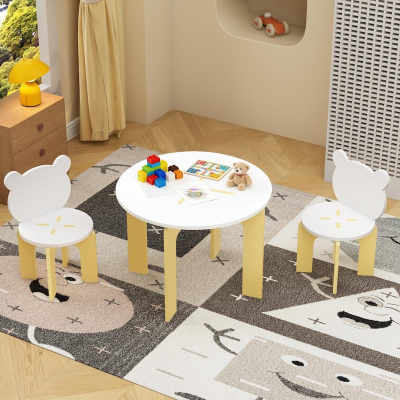 Kids Table and Chair Set, 3-Piece Toddler Table with 2 Chairs, Cute Bear-Back Chairs, Sturdy Wooden Activity Table Set