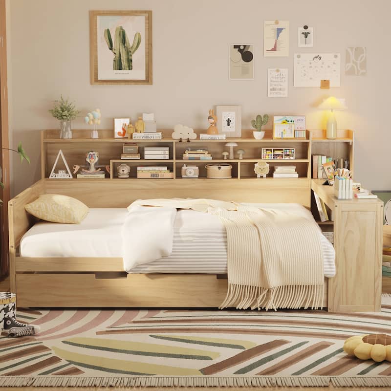 Wooden Full Size Daybed with Storage Shelves, Multi-functional Bed with Twin Size Trundle Bed