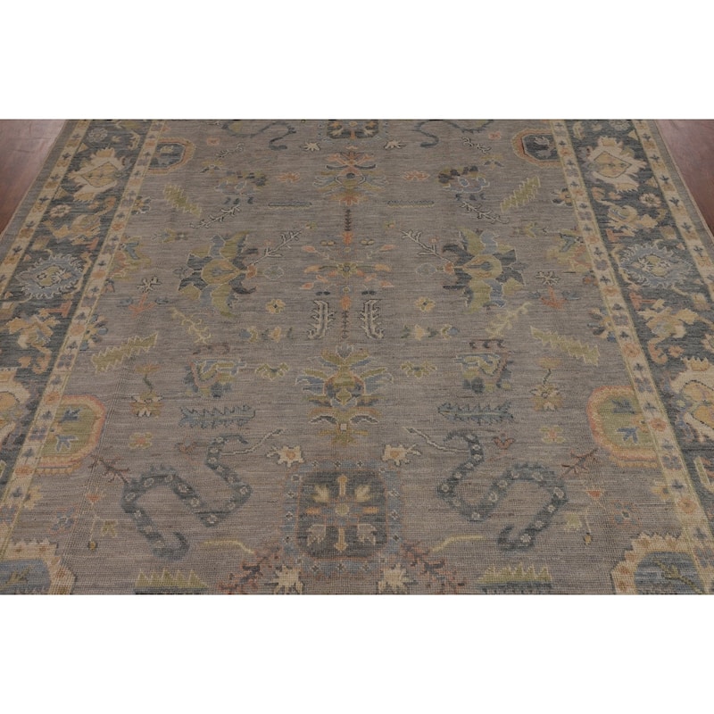 Vegetable Dye Grey Oushak Turkish Rug Hand-Knotted Floral Wool Carpet - 8'1"x 10'1"