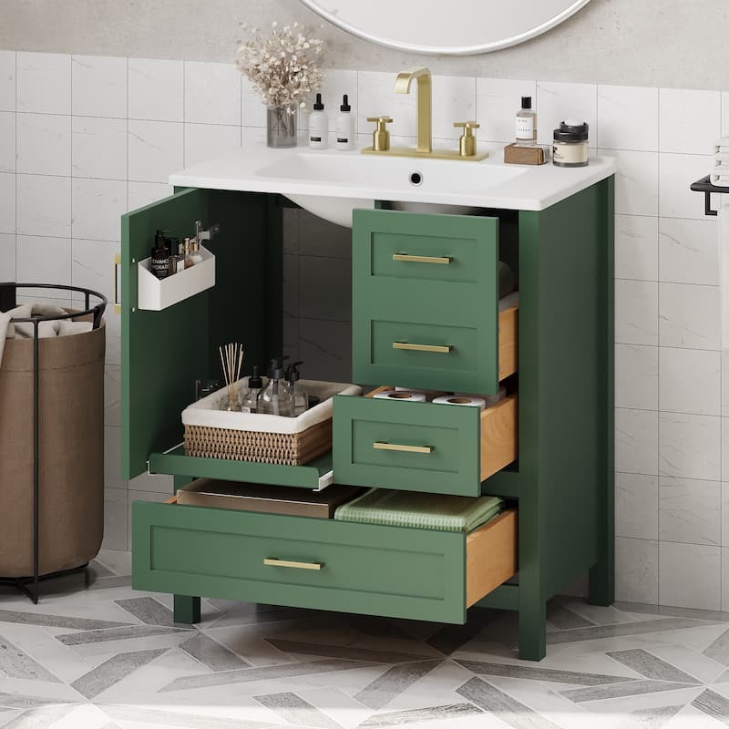 30" Bathroom Wood Storage Vanity Cabinet with Ceramic Sink, 3 Drawers - Green