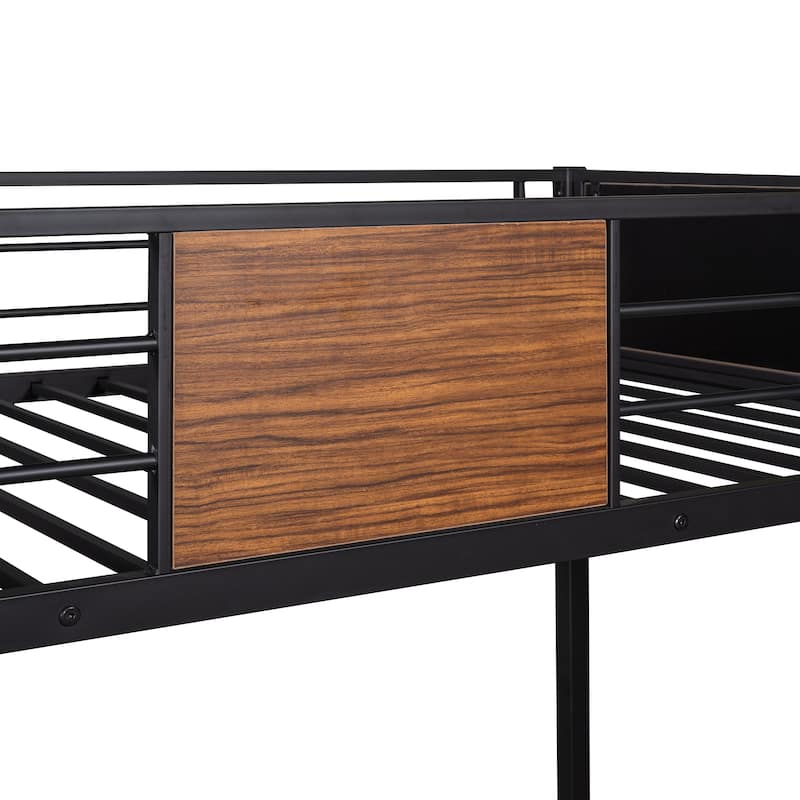 Brown Twin over Twin Size Metal Bunk Bed Modern Style Steel Frame with Safety Rail, Built-in Ladder