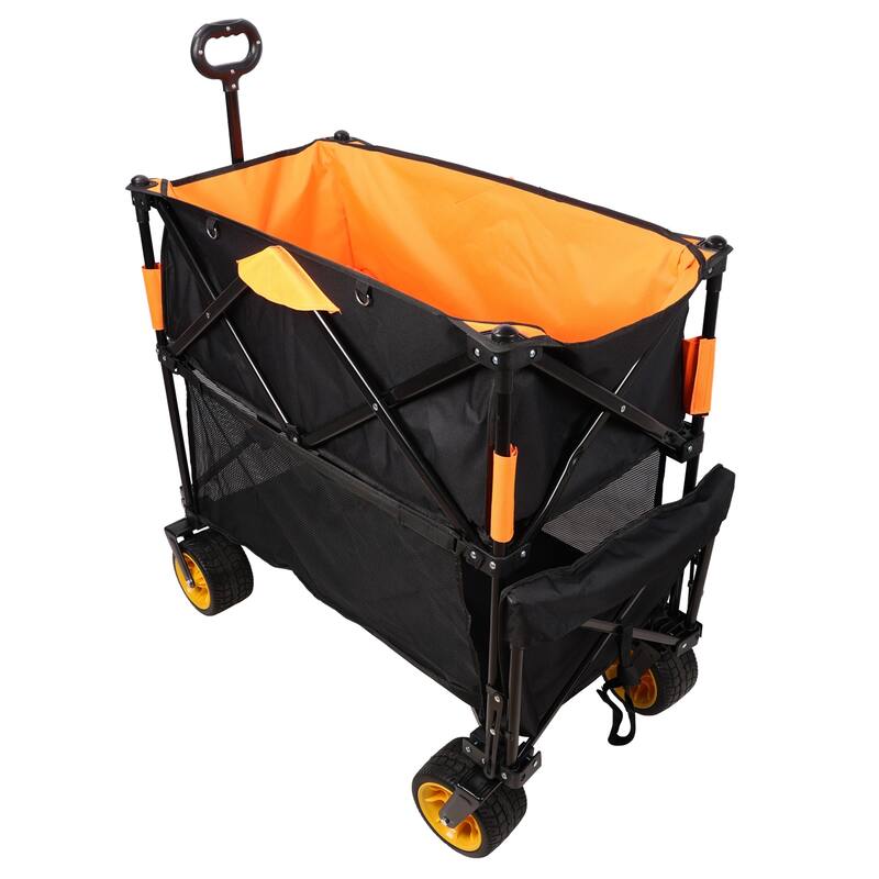 Big large capacity Folding cart Extra Long Extender Wagon Cart Folding Wagon Garden Shopping Beach Cart (black +orange)