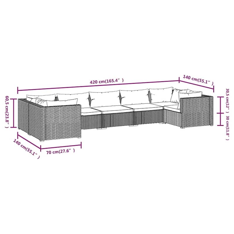 vidaXL 7 Piece Patio Lounge Set with Cushions Poly Rattan Brown - 27.6" x 27.6" x 24" - 27.6" x 27.6" x 24"