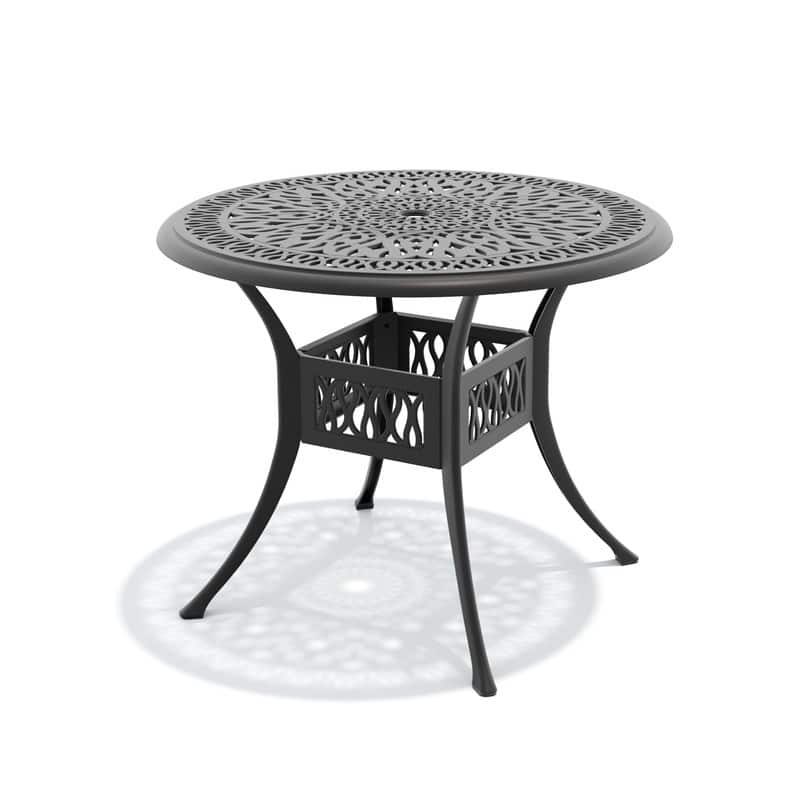 35.43 inch Black Round Cast Aluminum Patio Table with Umbrella Hole & Retro Design