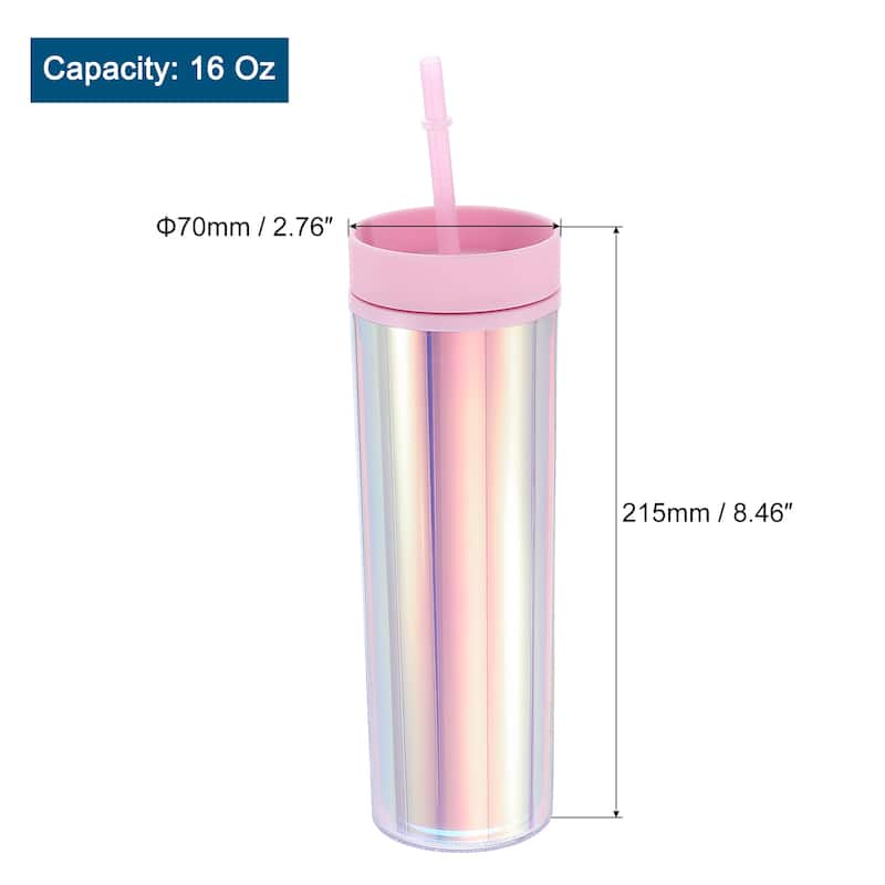 Skinny Acrylic Tumbler w Lid & Straw, 16 Oz Insulated Double Wall Cups - Pink