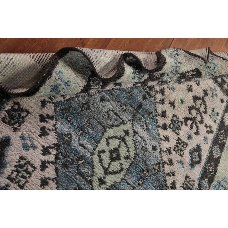 Geometric Plush Moroccan Shaggy Rug Hand-Knotted Wool Carpet - 4'11" x 8'3"