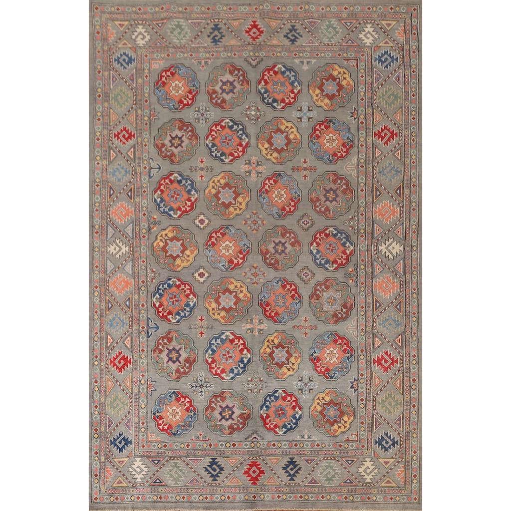 All-Over Geometric Kazak Oriental Area Rug Handmade Wool Carpet - 6'4"x 9'9"