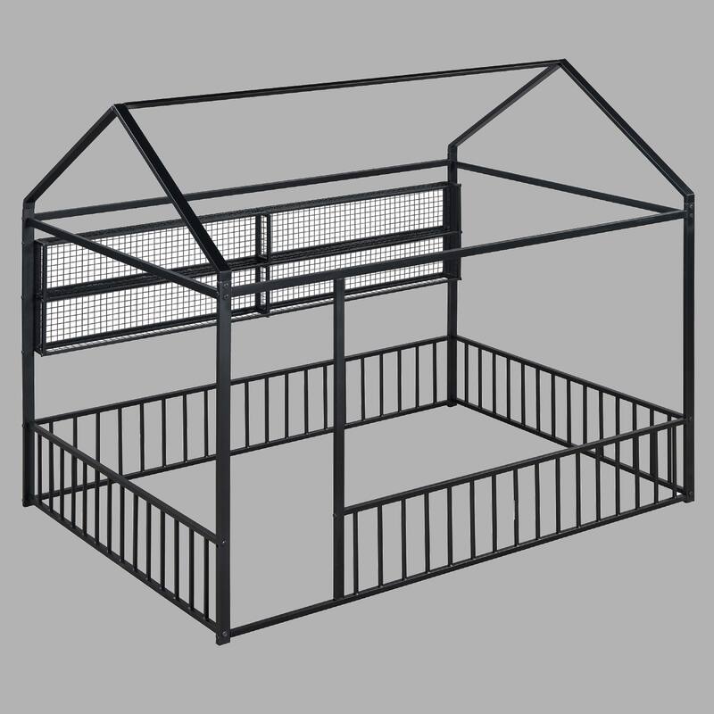 Full Metal House Bed Frame with Shelves and Fence, Unique Design for Kids - Black - Full