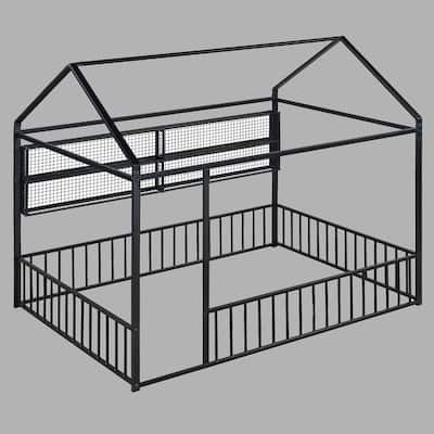 Full Metal House Bed Frame with Shelves and Fence, Unique Design for Kids