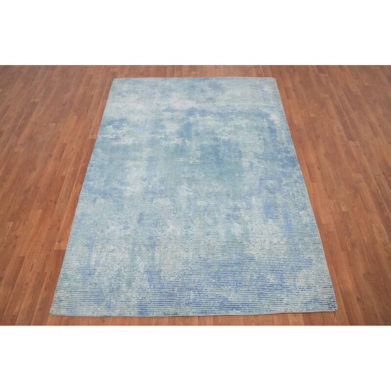 Hand Knotted Oriental Viscose Silk Carpet Modern All-Over Navy Blue & Blues Abstract Area Rug - 7' 5'' X 5' 4''