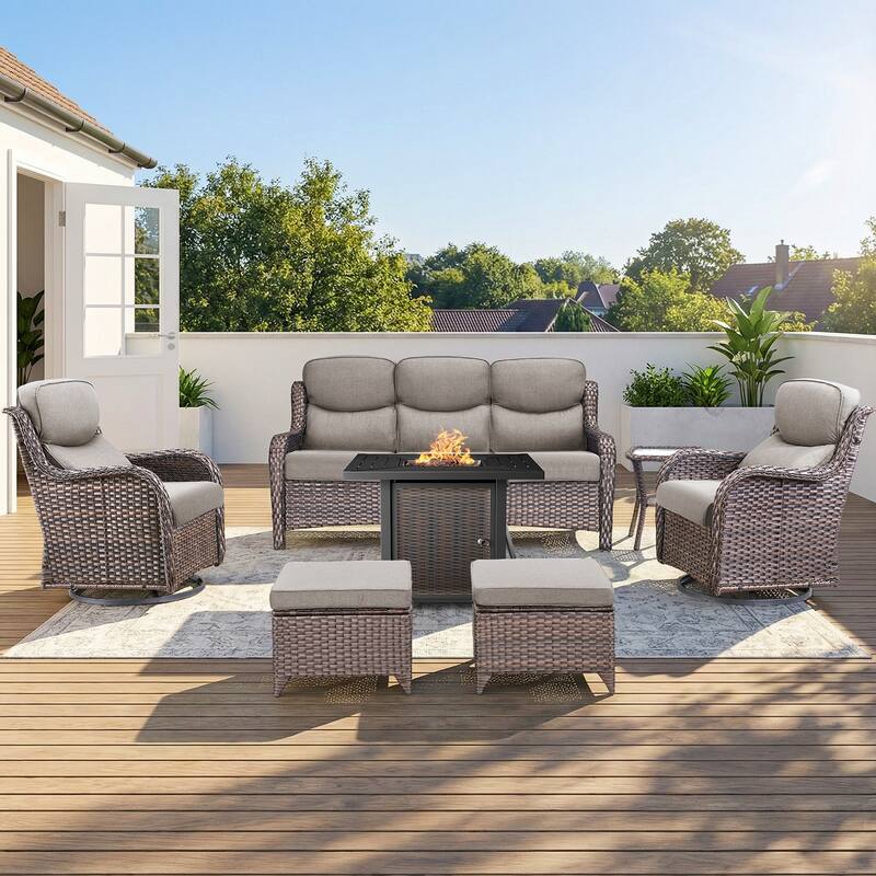 Pocassy 30 In Outdoor Propane Fire Pit Table with Patio Conversation Sets - Brown Wicker Gray Cushion - 7-Piece Sofa Swivel Chair Ottoman w/ Fie Table