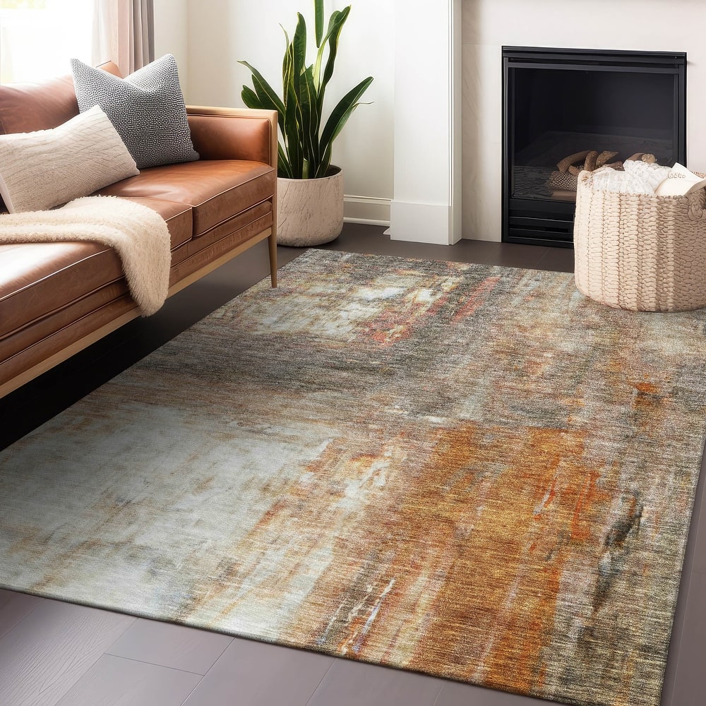 Machine Washable Indoor/ Outdoor Abstract Watercolor Chantille Rug