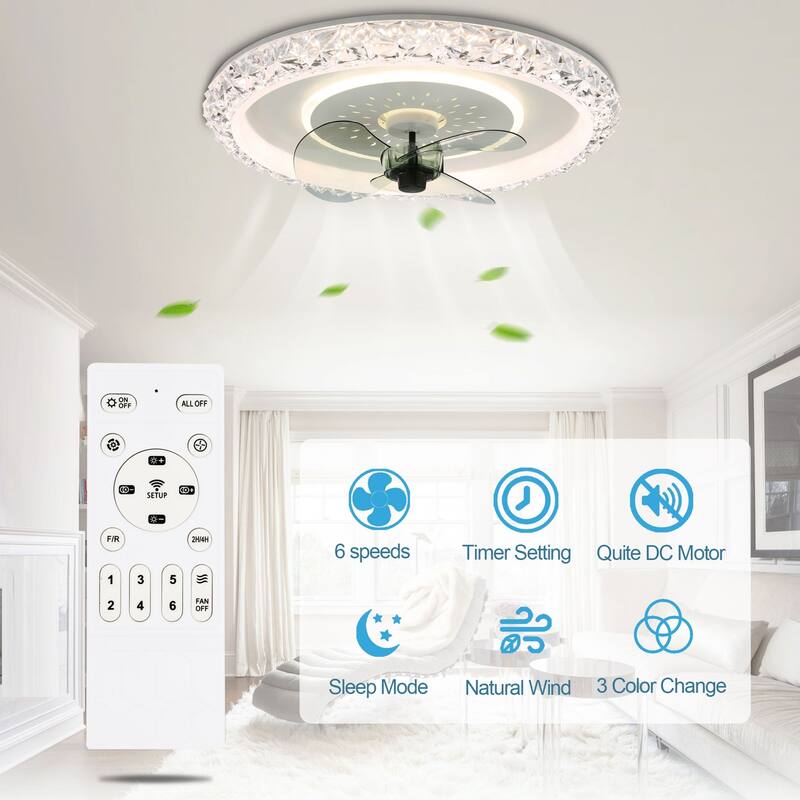 20" Oaks Aura Glam Crystal Low Profile Ceiling Fan with Light, 6- Speed Flush Mount Ceiling Fan With Remote - White
