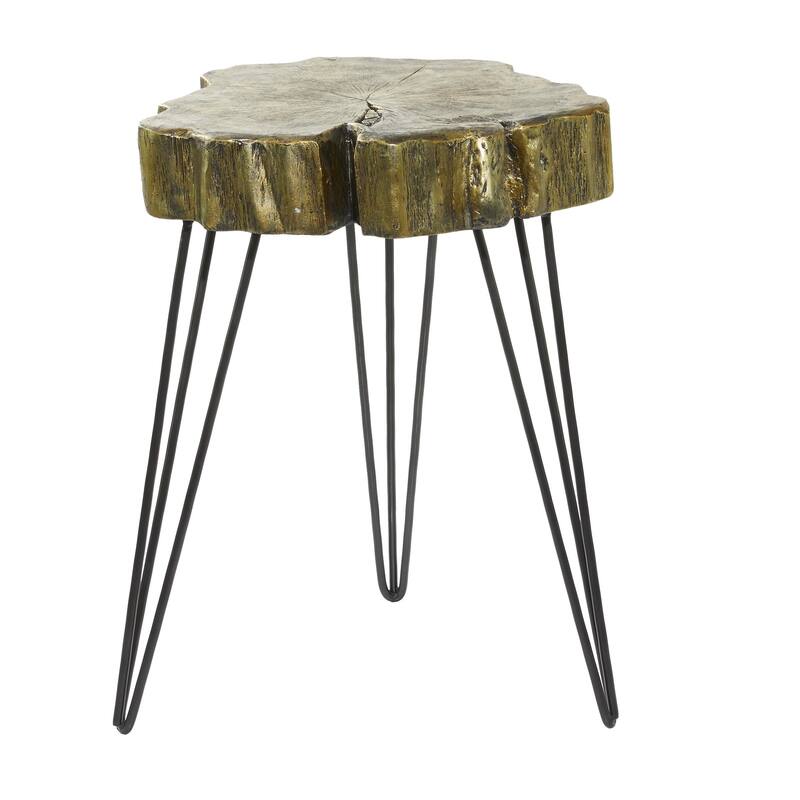 Polystone Tree Trunk Side End Accent Table with Black Hairpin Legs - Gray, Gold - Roche River Decor - Gold